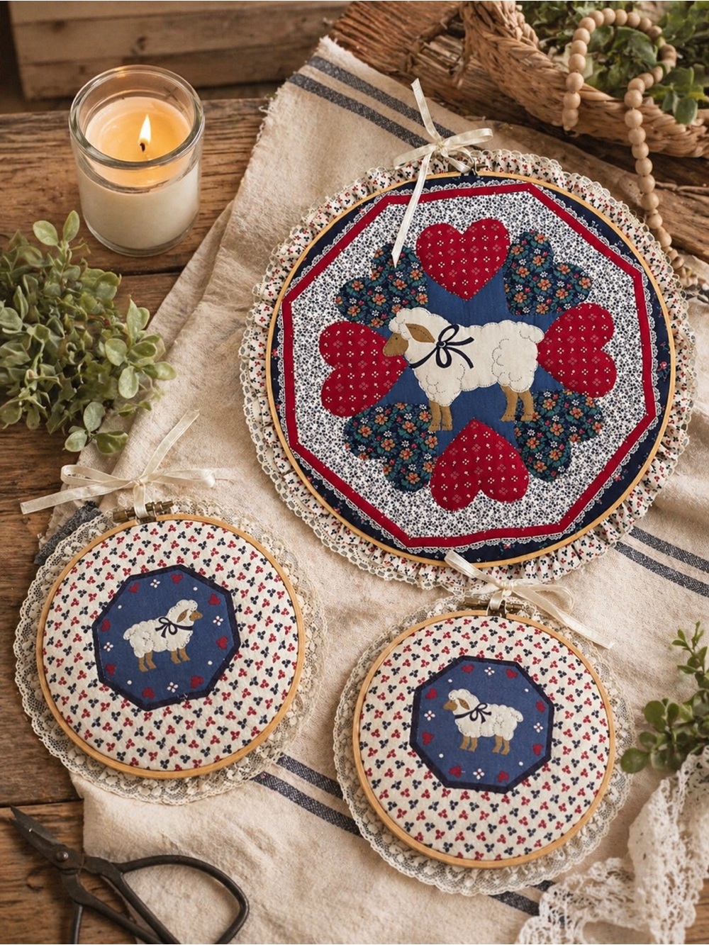 3 Piece Handmade Quilt Hoop Wall Art Set Sheep Heart Farmhouse Lace Rustic Decor